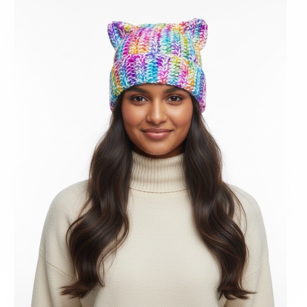 Handcrafted Crochet Winter Hat Rainbow Ice Yarn White Big Twist Cat Ear Ribbed